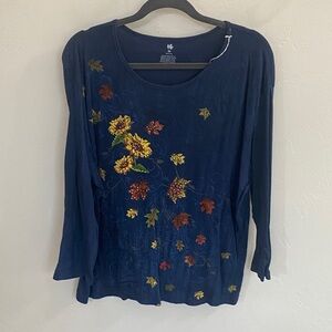 Women's Floral Embroidered Navy Top